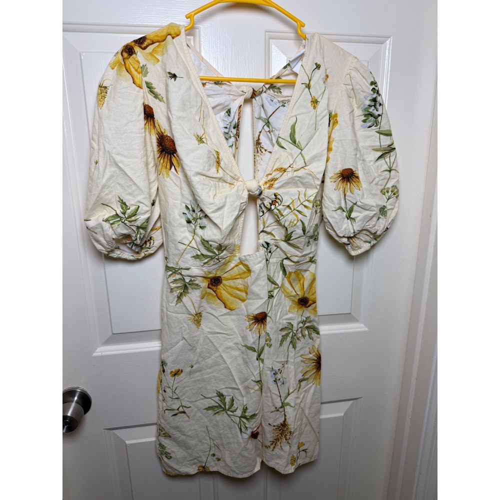 HM Floral Cutout Mini Dress Yellow Sunflower Cotton Linen Puff Sleeve